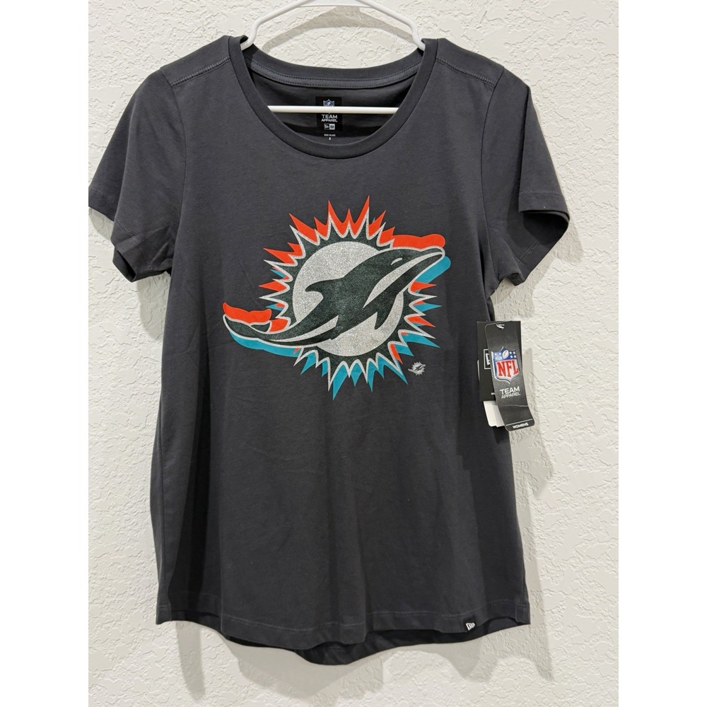 Women's Size S Miami Dolphins GlitterGraphic Print Round Neck Short Sleeve Tee